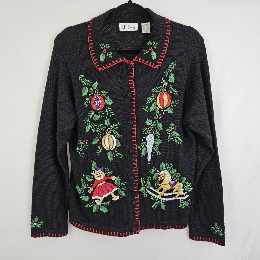 Vtg Christmas Cardigan Size M Sweater Black Embroidered BBP Design Tailored
